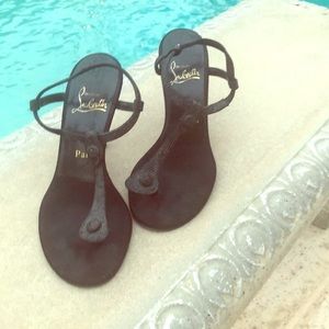 Christian Louboutin black rhinestone thong heels